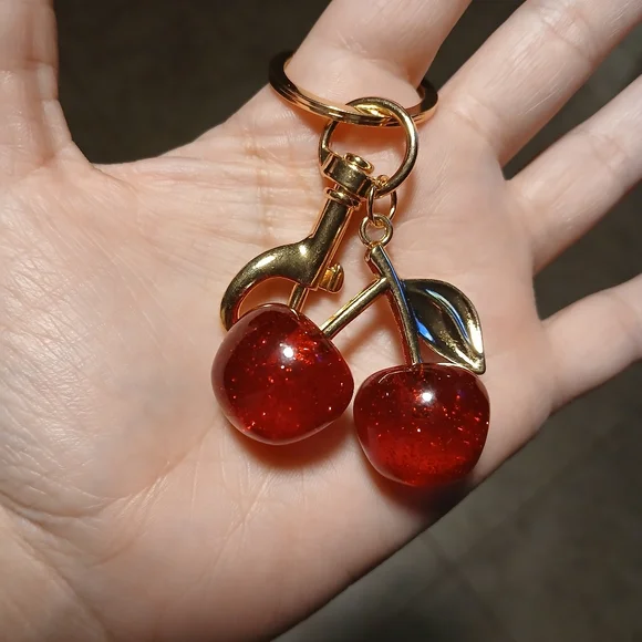 Glitter Red And Gold Cherry Bag Charm Small - Picture 2 of 4